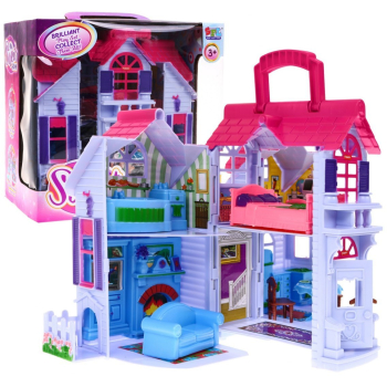 Rozkładana Domek dla dzieci 3+ Fioletowy + Figurki rodziny + Piesek + Meble + 2 piętra